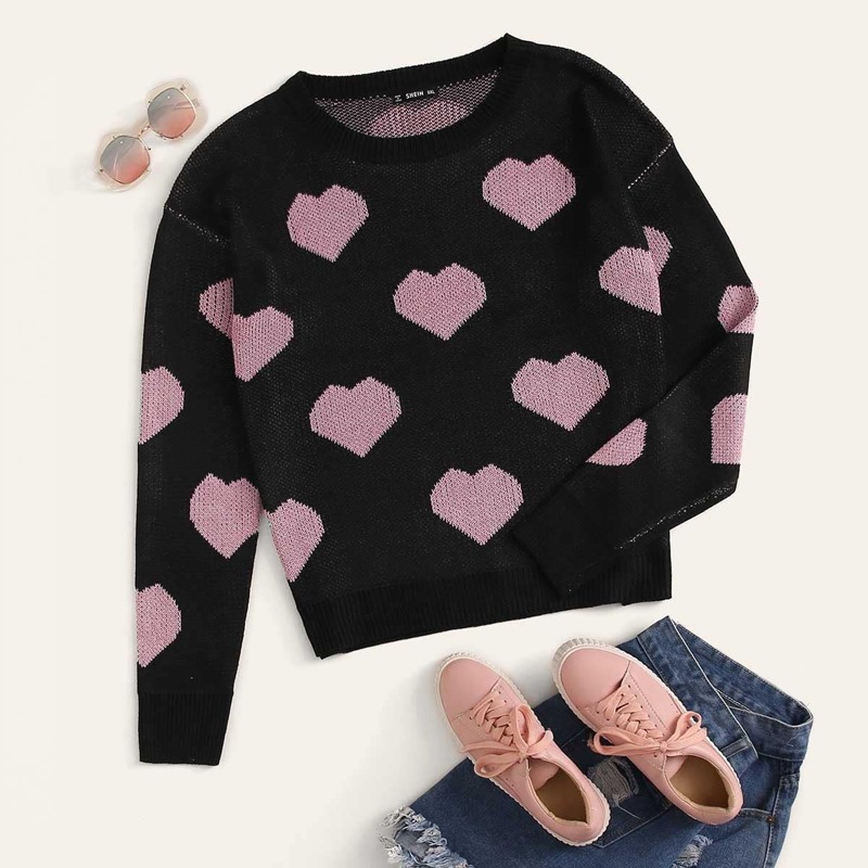 

Plus Heart Print Sweater, Black