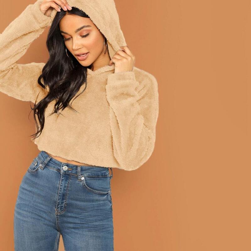 

Drop Shoulder Crop Teddy Hoodie, Khaki