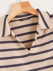 SHEIN 羅紋針織條紋上衣 - 杏色 - 查看 3