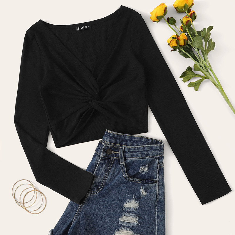 

Ribbed Twist-Front Crop Top, Black