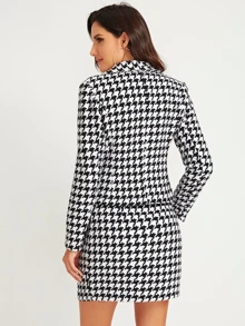SHEIN Shawl Collar Houndstooth Print Blazer and Bodycon Skirt Set - Black and White - View 2