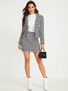 SHEIN Shawl Collar Houndstooth Print Blazer and Bodycon Skirt Set - Black and White - View 3