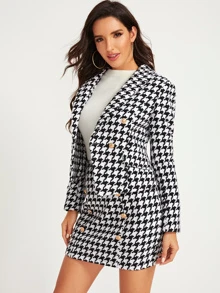SHEIN Shawl Collar Houndstooth Print Blazer and Bodycon Skirt Set - Black and White - View 4