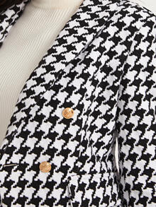 SHEIN Shawl Collar Houndstooth Print Blazer and Bodycon Skirt Set - Black and White - View 5