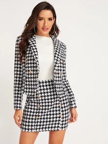 SHEIN Shawl Collar Houndstooth Print Blazer and Bodycon Skirt Set - Black and White - View 1