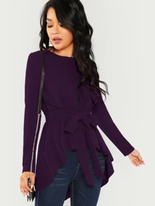 SHEIN Clasi High Low Hem Belted Top - Purple - View 3