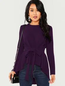 SHEIN Clasi High Low Hem Belted Top - Purple - View 1