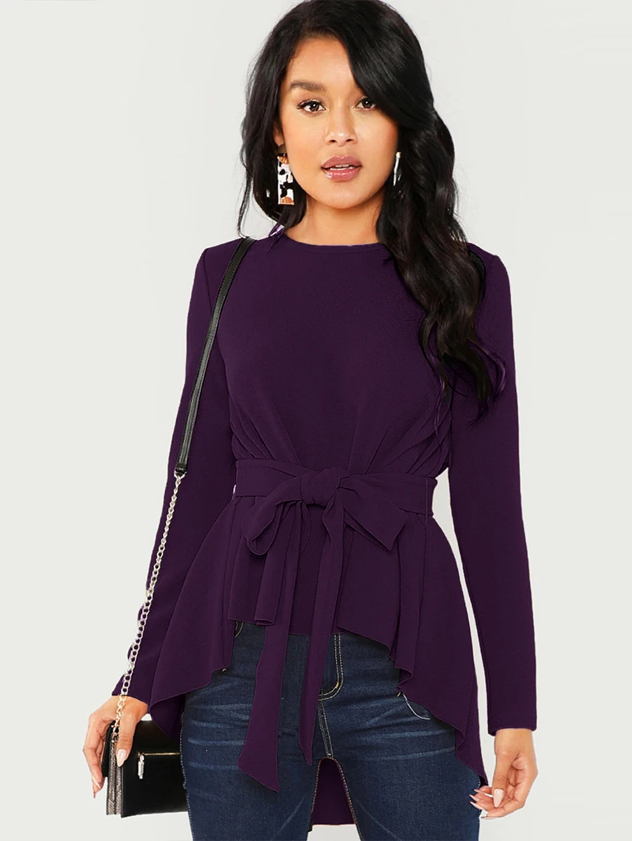 SHEIN Clasi High Low Hem Belted Top - Purple - View 1