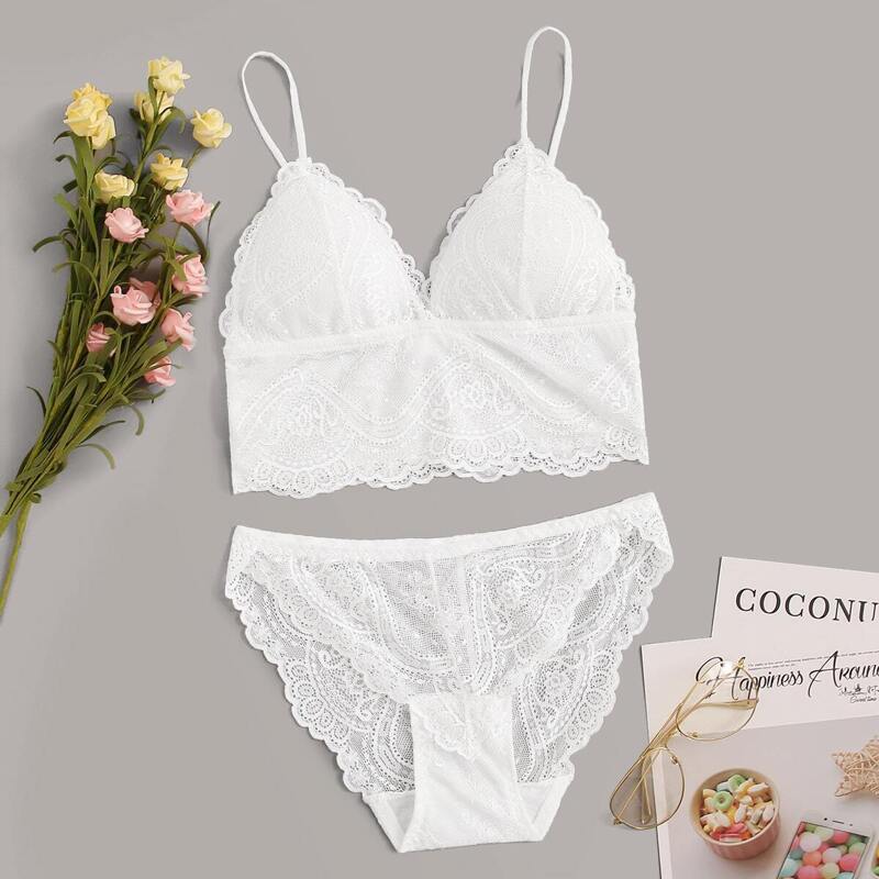 

Floral Lace Scalloped Trim Lingerie Set, White