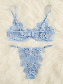Esselle Applique Lace Underwire Bra & Panty Lingerie Set - Baby Blue - View 2