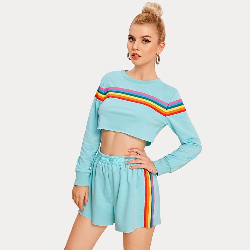 

Rainbow Stripe Crop Sweatshirt & Track Shorts, Green