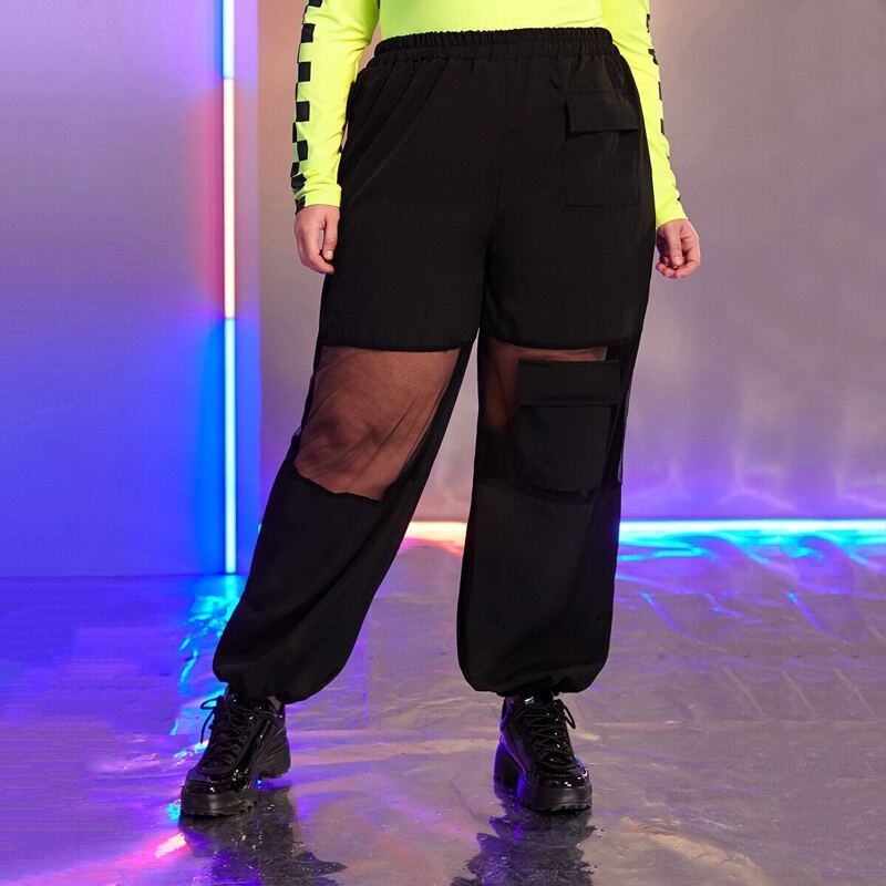 

Plus Contrast Mesh Pocket Front Cargo Pants, Black