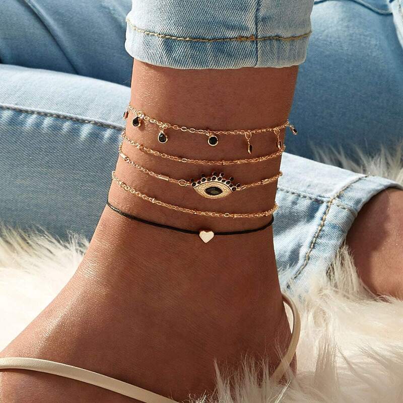 

Eye & Heart Decor Chain Anklet 4pcs, Gold
