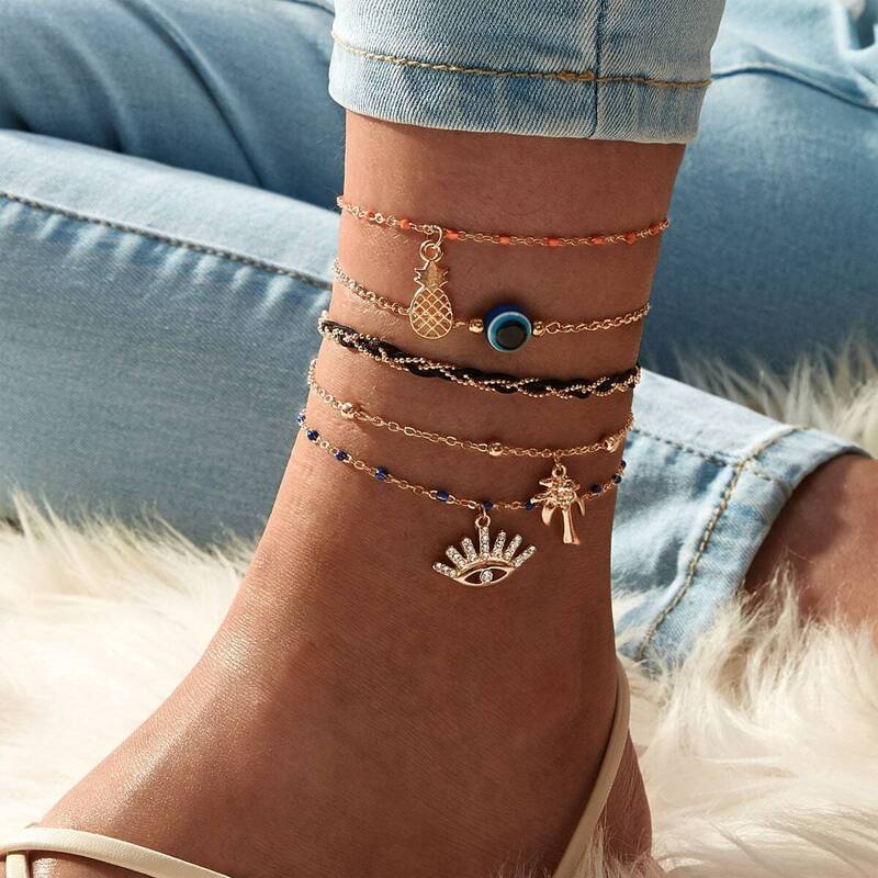 

Eye & Pineapple Decor Chain Anklet 5pcs, Gold