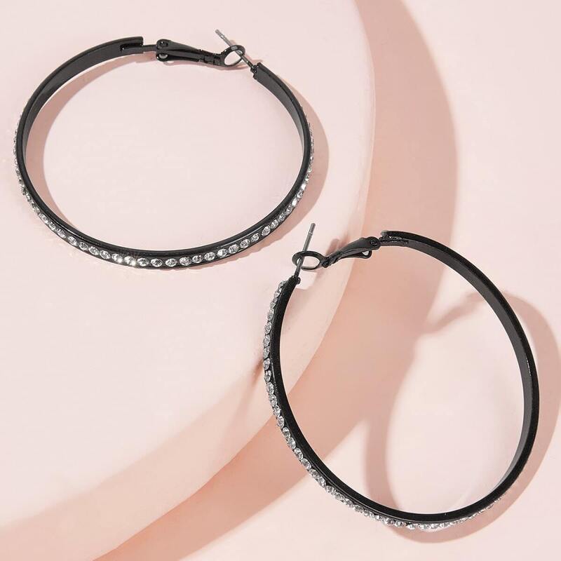 

Rhinestone Engraved Hoop Earrings 1pair, Black