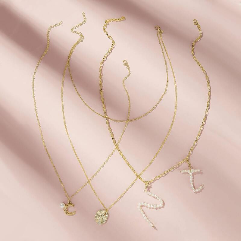 

Faux Pearl Decor Letter Charm Necklace 3pcs, Gold