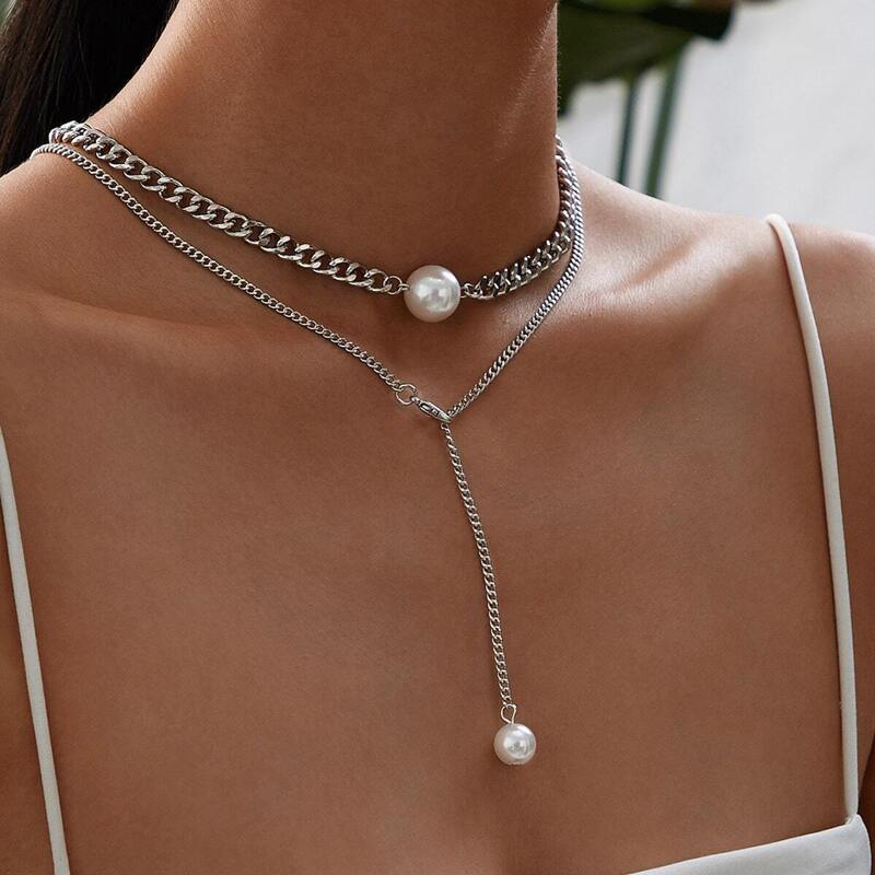 

Faux Pearl Charm Layered Lariat Chain Necklace 1pc, Silver