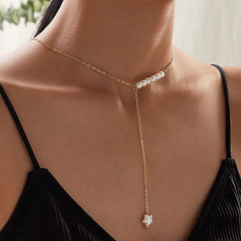 

Faux Pearl Star Charm Lariat Necklace 1pc, Gold