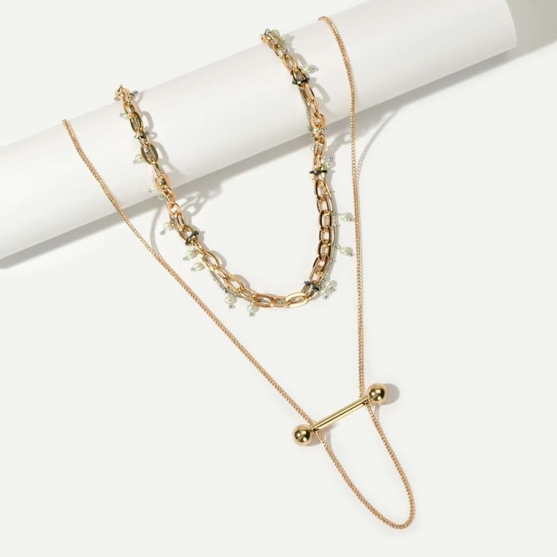 

Bell & Faux Pearl Decor Chain Necklace 2pcs, Gold