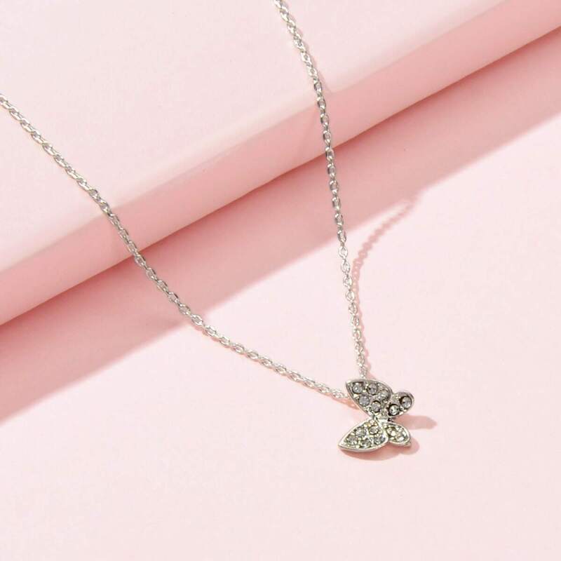 

Rhinestone Engraved Butterfly Charm Necklace 1pc, Silver