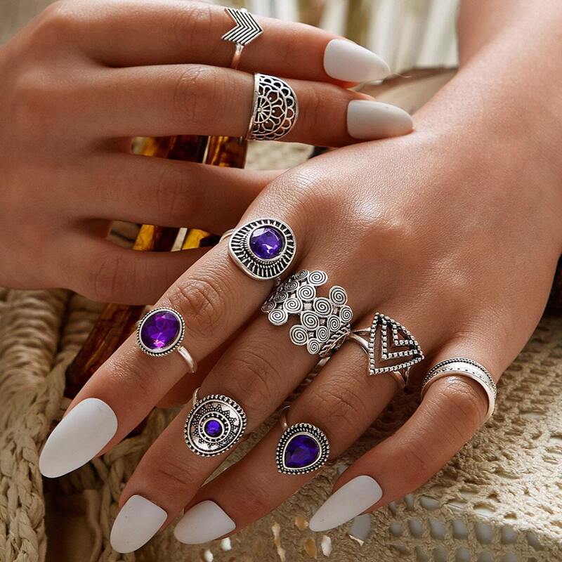 

Gemstone Decor Ring 9pcs, Silver