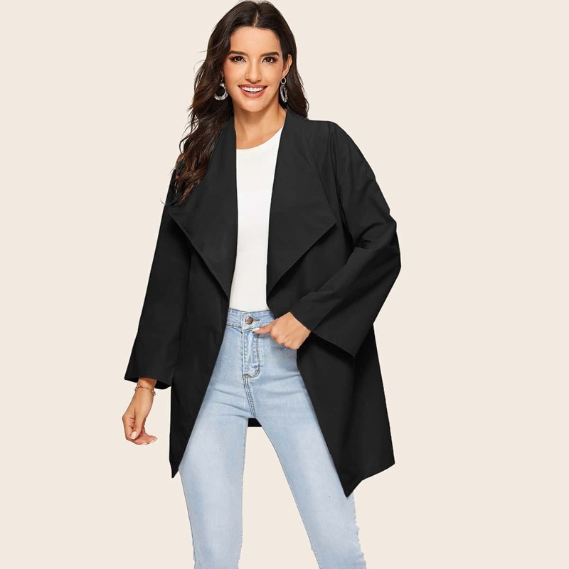 

Solid Waterfall Neck Trench Coat, Black