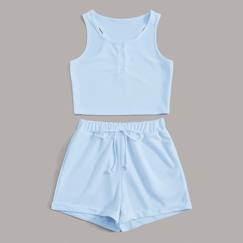 

Rib-Knit Racer Back Tank Top With Track Shorts, Blue