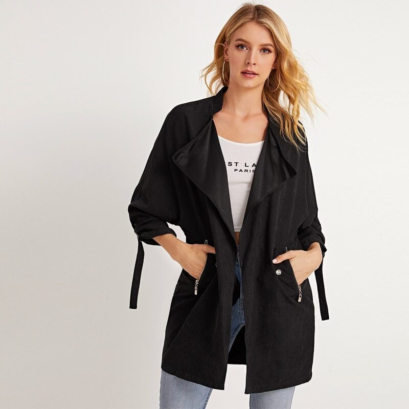 

Collar Zip Detail Waterfall Coat, Black