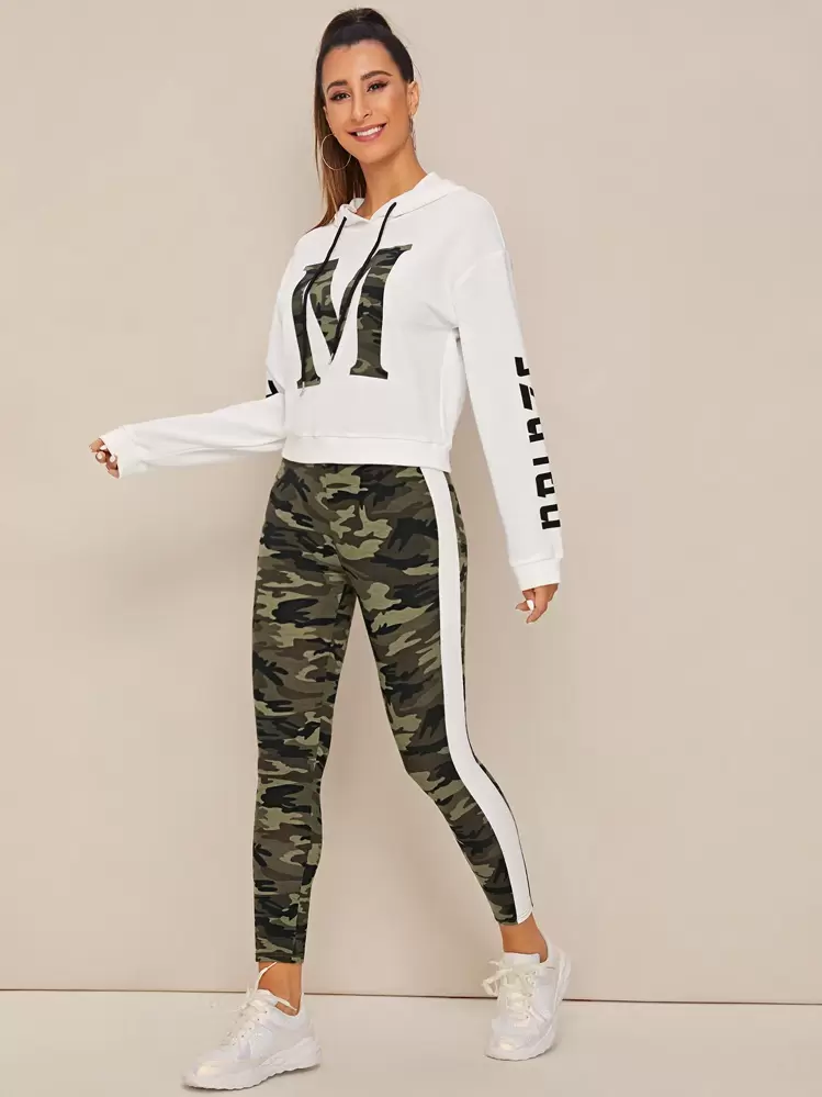 SHEIN LUNE Letter And Camo Hoodie And Contrast Sideseam Leggings Set ...