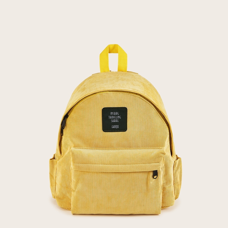 

Slogan Patch Decor Corduroy Backpack, Yellow