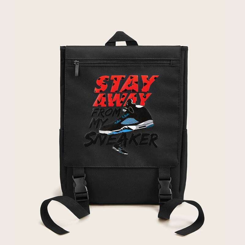 

Letter Print Release Buckle Strap Backpack, Black