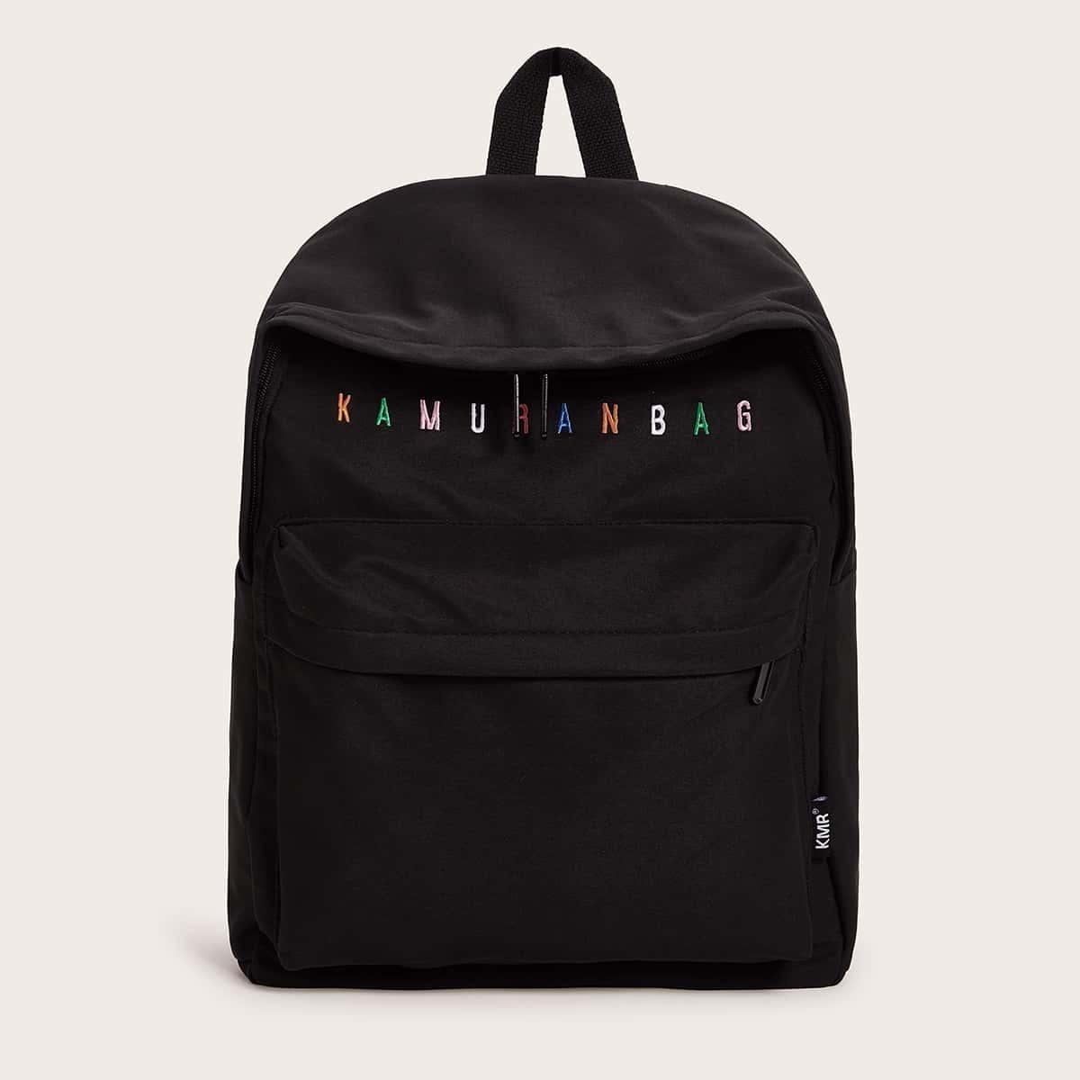 

Letter Embroidered Pocket Front Backpack, Black