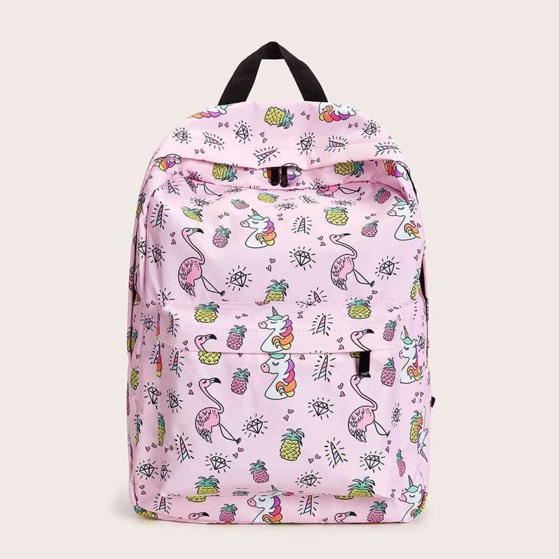 

Flamingo Print Pocket Front Backpack, Pink