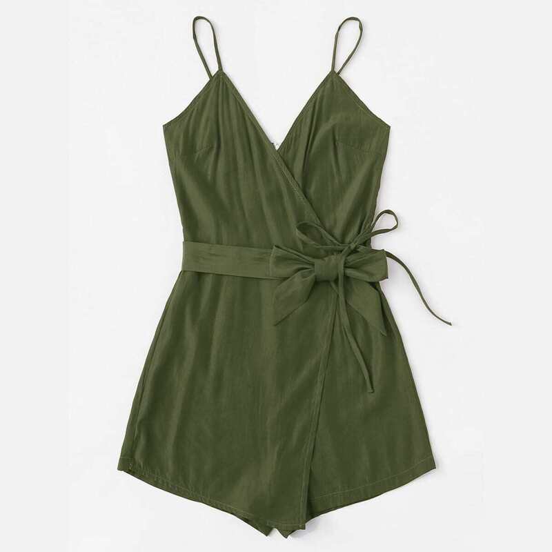 

Self Tie Knot Side Wrap Cami Romper, Army green