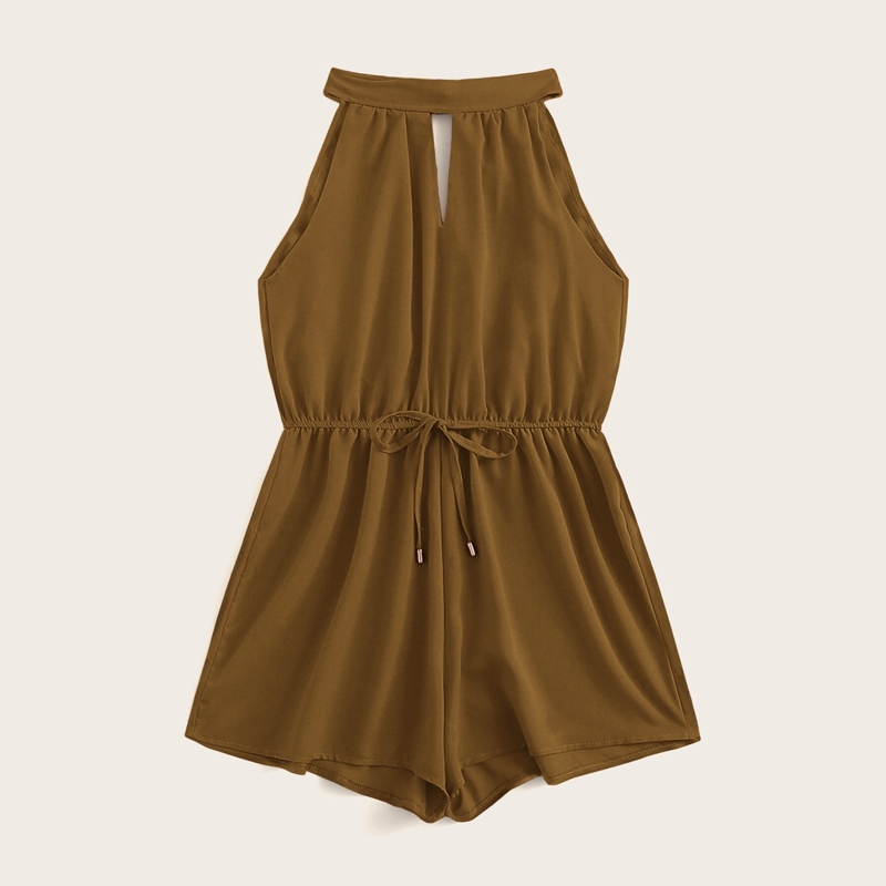 

Tie Back Drawstring Waist Halter Romper, Brown