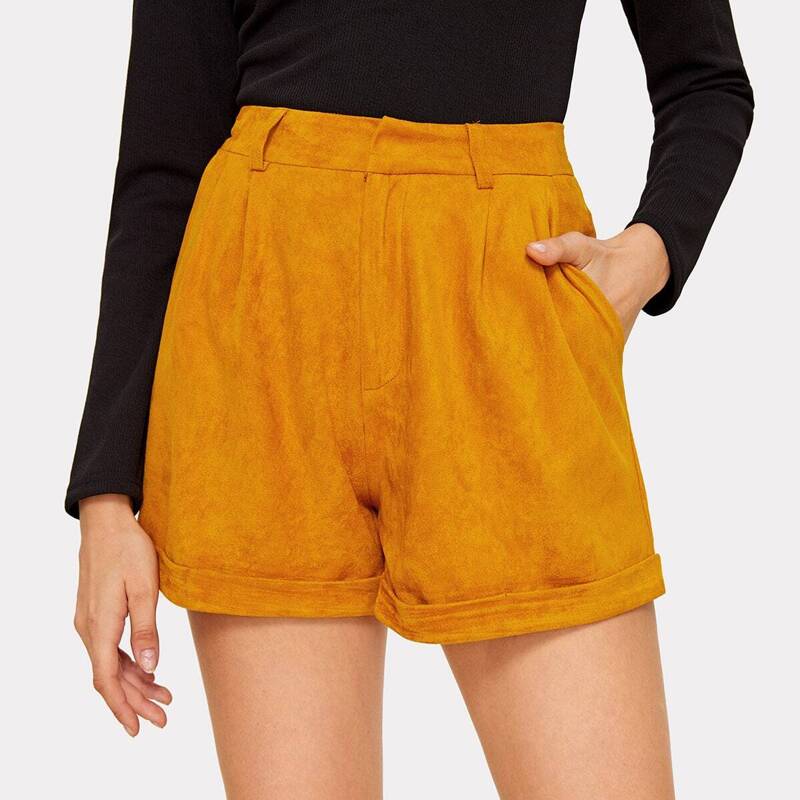 

Rolled Hem Solid Suede Shorts, Orange
