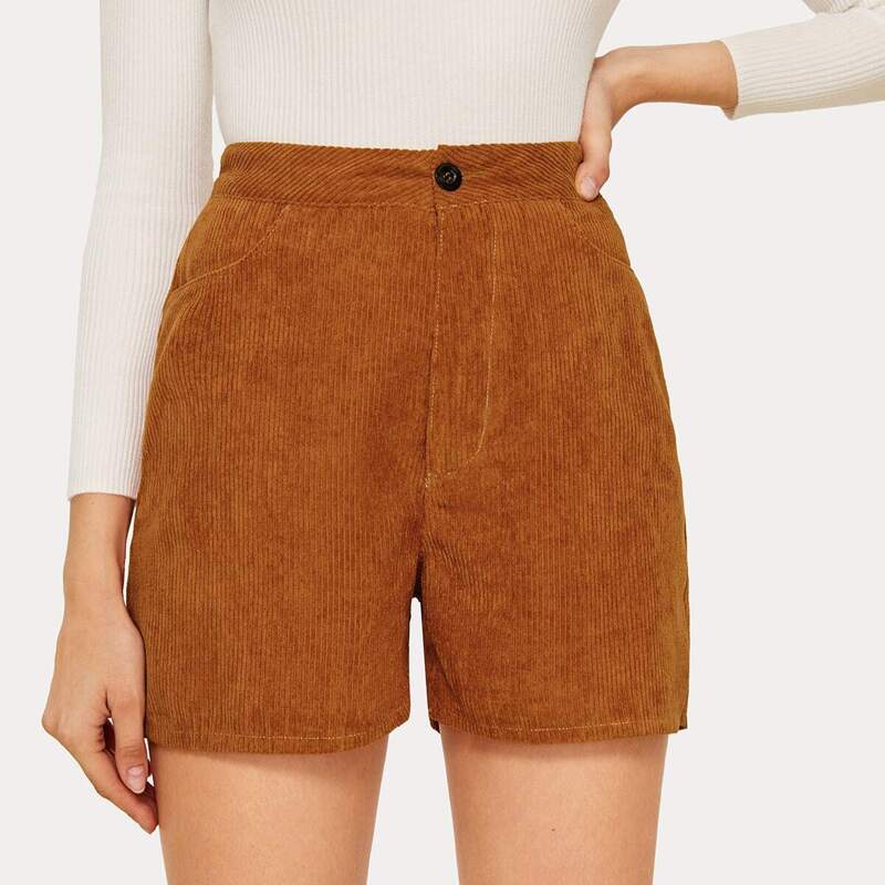 

Solid Straight Leg Corduroy Shorts, Camel