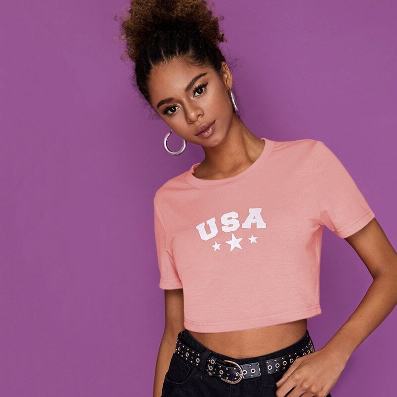 

USA Print Short Sleeve Crop Tee, Pink