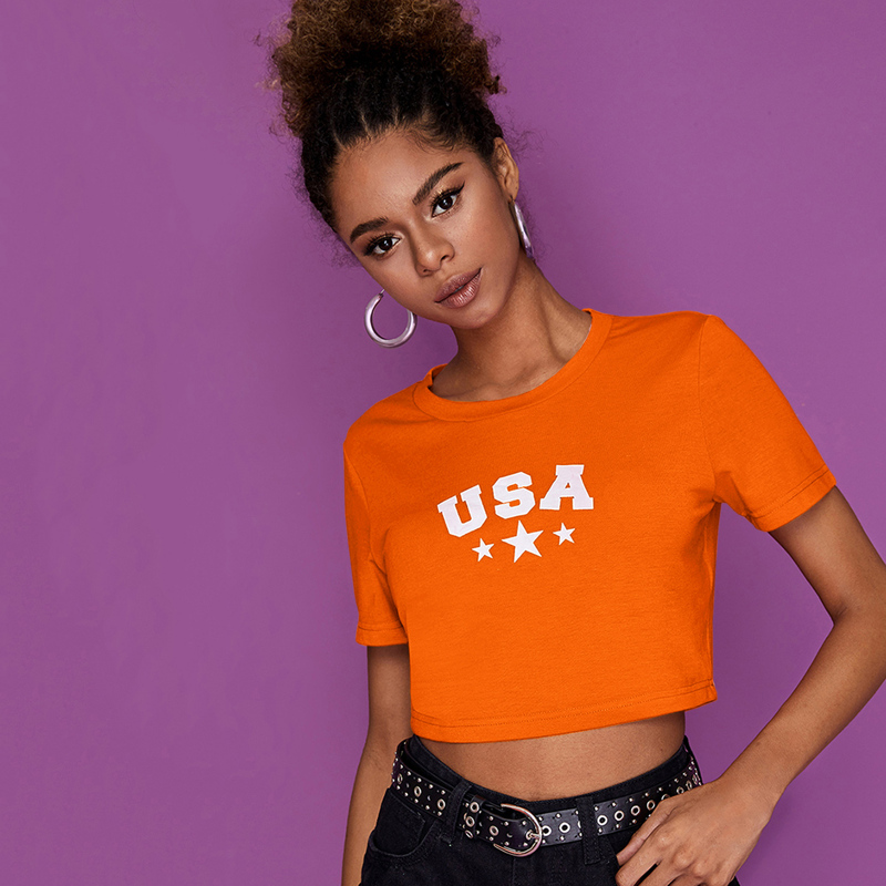 

Neon Orange USA Print Crop Tee, Orange bright