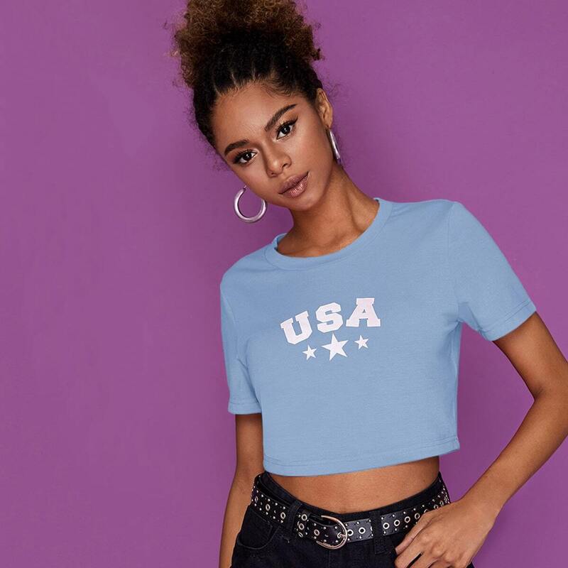 

USA Print Short Sleeve Crop Tee, Blue