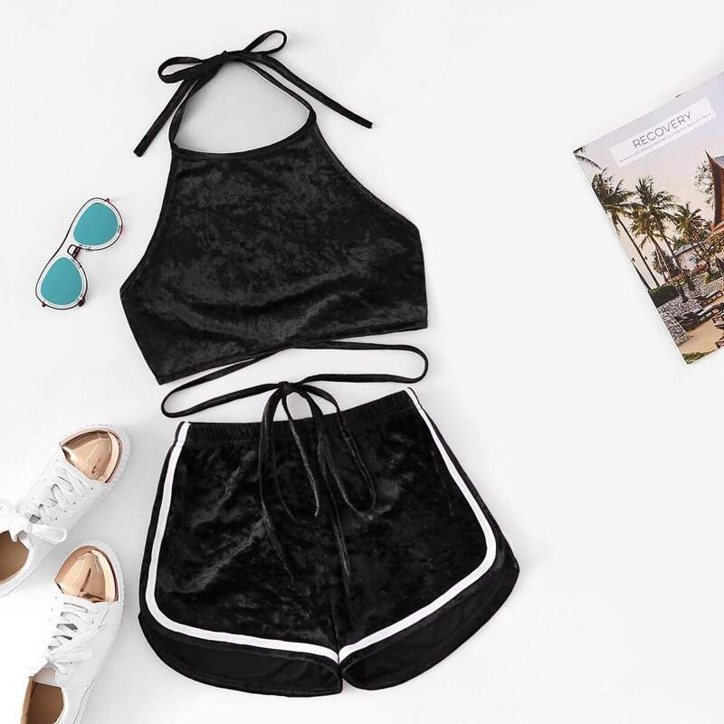 

Open Back Velvet Halter Top & Dolphin Shorts, Black
