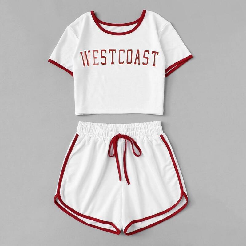 

Letter Print Ringer Tee & Drawstring Dolphin Shorts, White