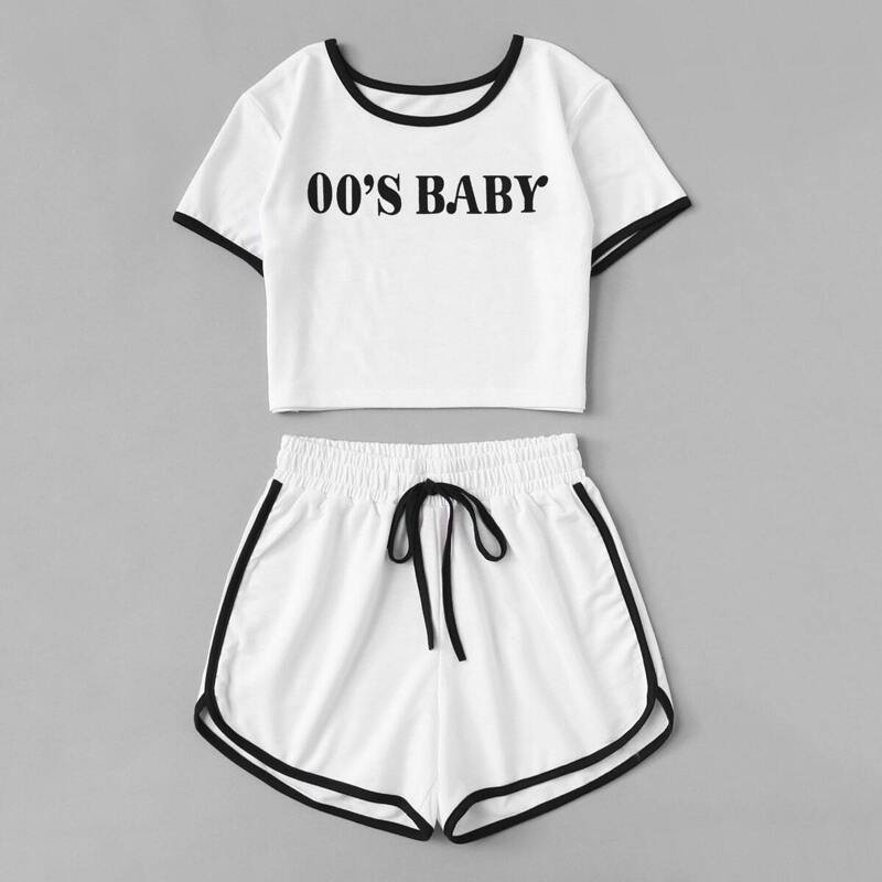 

Letter Print Ringer Tee & Drawstring Dolphin Shorts, White