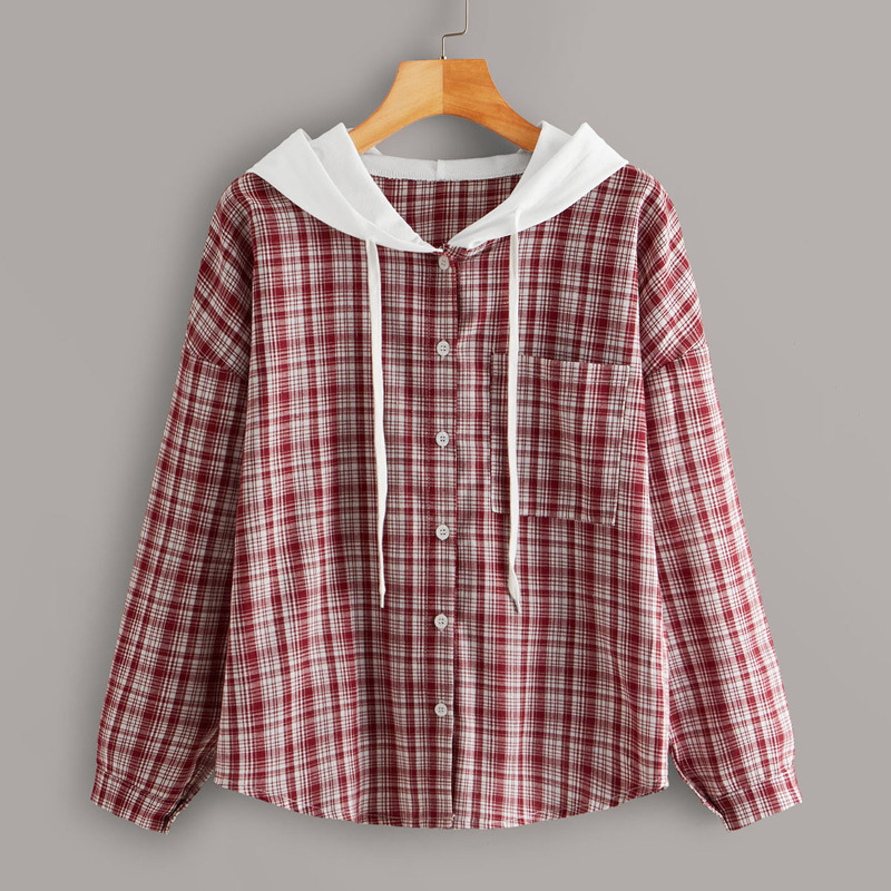 

Tartan Plaid Drawstring Hooded Blouse, Red