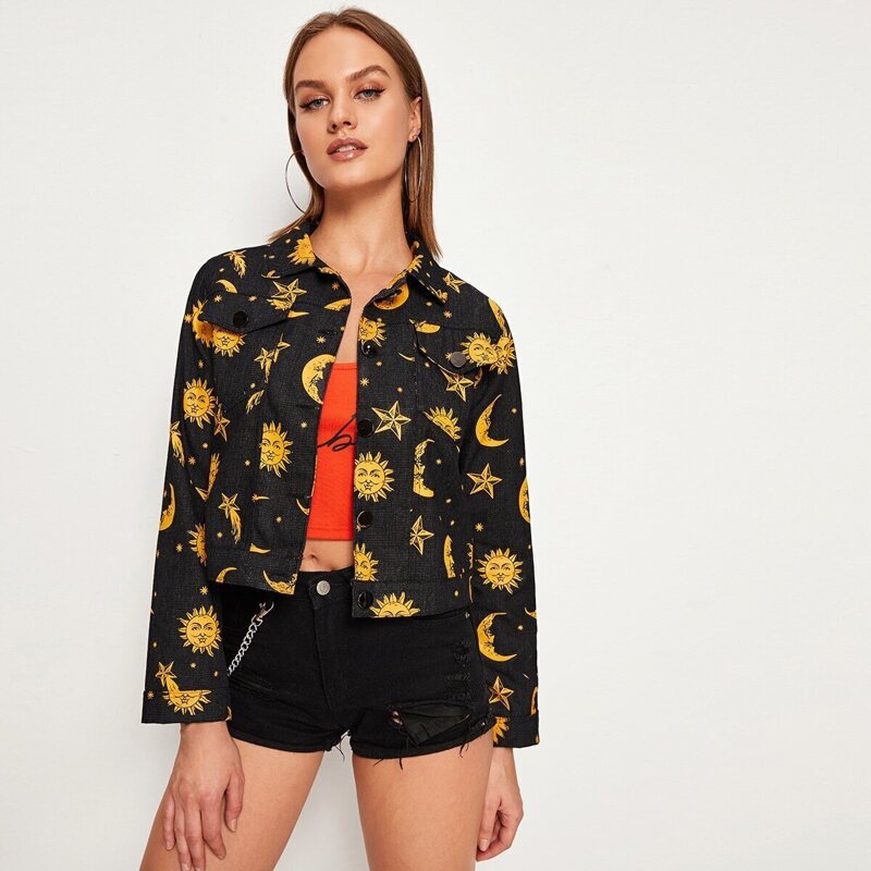 Galaxy Print Crop Denim Jacket, Black