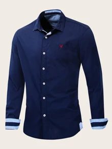 Manfinity Men Eagle Embroidery Contrast Striped Shirt - Navy Blue - View 3