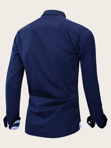 Manfinity Men Eagle Embroidery Contrast Striped Shirt - Navy Blue - View 2