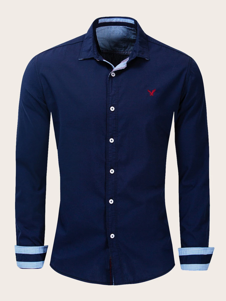 Manfinity Men Eagle Embroidery Contrast Striped Shirt - Navy Blue - View 1