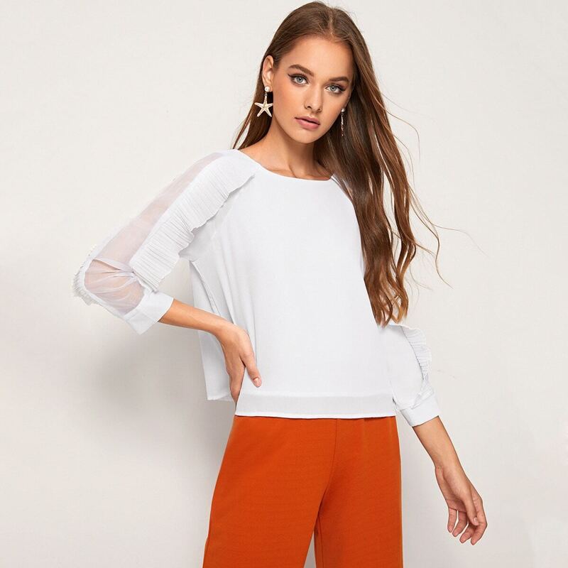 

Contrast Mesh Ruffle Trim Blouse, White