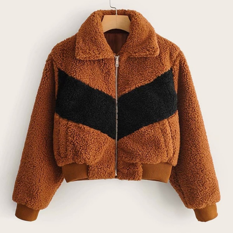 

Contrast Panel Zipper Teddy Jacket, Brown